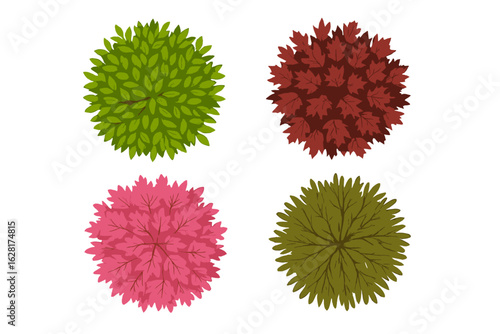Aerial tree canopy set – 4 top-view shrub and foliage silhouettes in lush spring green, autumn red, rose pink and earthy brown tones, assorted leaf shapes, perfect for landscape maps and garden plans