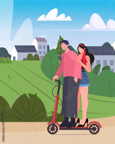 A couple on an electric scooter moves through the streets of a city or village, choosing environmentally friendly transport. Environmentally responsible choice. Vector Not AI generated