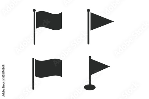 Flag and pennant icon set, waving rectangular and triangular flags on poles, simple monochrome silhouette symbols for navigation marker, goal, location pin, checkpoint, golf hole, interface UI design