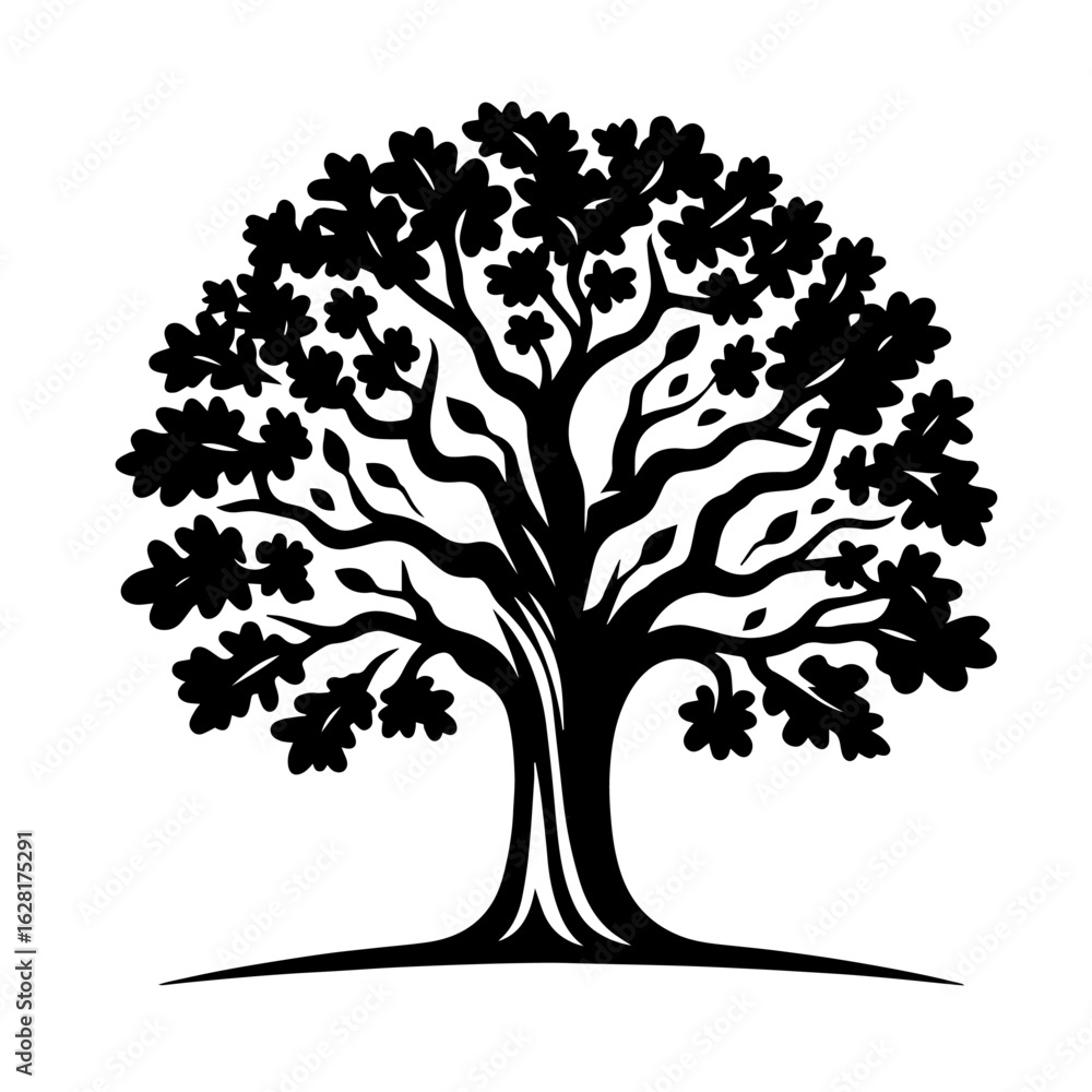 Fototapeta premium Clean black and white silhouette vector of a oak tree on white background