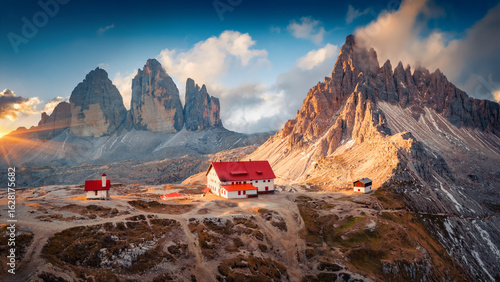 Fantastic summer sunrise on Dolomites with Paternkofel and Tre Cime Di Lavaredo mountain peaks on background, Italy. Wonderful morning scene of Italian Alps. Beauty of nature concept background.