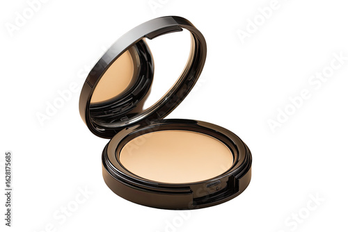 Open compact powder case, light beige powder visible