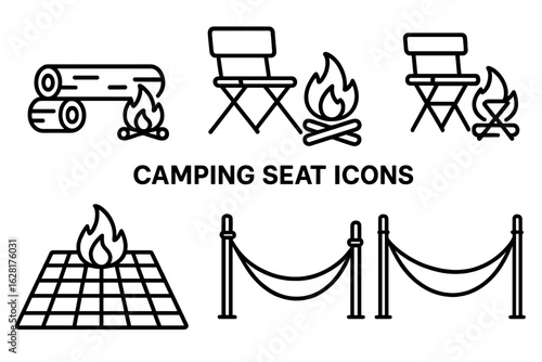 Outdoor camping seat icons vector set. Campfire seating log bench folding chair hammock camping stool outline illustration. Recreation furniture line art adventure graphics