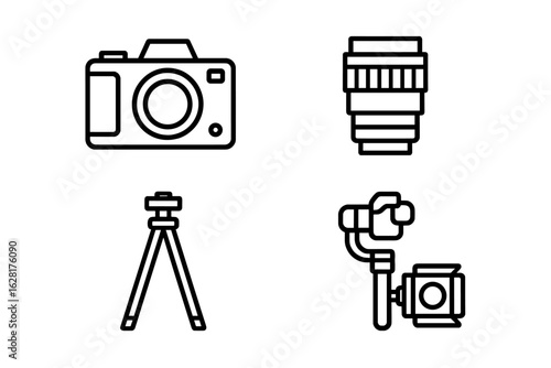 Professional cinematography equipment icons set. Camera body lens tripod gimbal stabilizer outline vector. Photography film gear line art symbols. Video production tools illustration