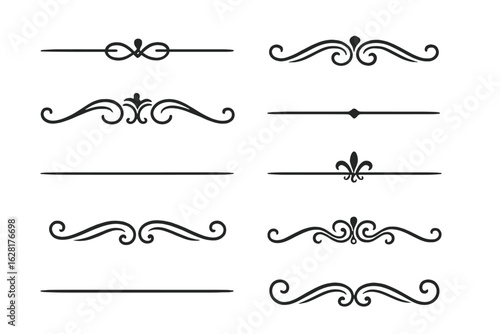 Elegant black decorative dividers ornamental line borders vintage flourish scrollwork calligraphic separators vector design elements web banners invitations cards