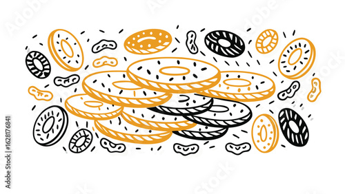 Illustration of a stack of donuts with sprinkles and additional scattered donuts and candy pieces around it
