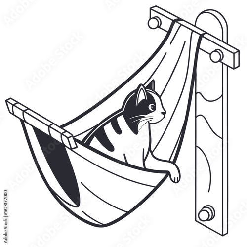 Cat in Hammock : A tranquil black and white cat comfortably lounges in a hanging hammock, capturing a moment of pure relaxation.