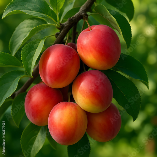 Fresh Ripe Red Plums Hanging on Tree Branch – Organic Summer Fruit Harvest