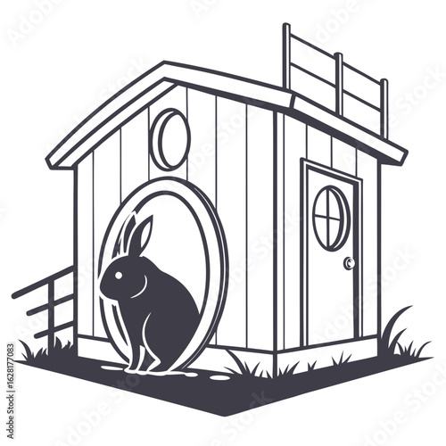 Rabbit's Dwelling: A simple outline sketch captures the essence of a quaint wooden rabbit dwelling, depicting a curious rabbit inside with a welcoming homey facade. 