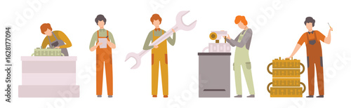 Car Service Man Worker Character Repair and Fix Engine Vector Set