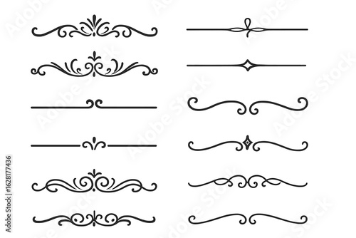 Elegant black decorative dividers ornamental flourish swirl borders vintage calligraphy separators vector design elements web banners invitations wedding stationery