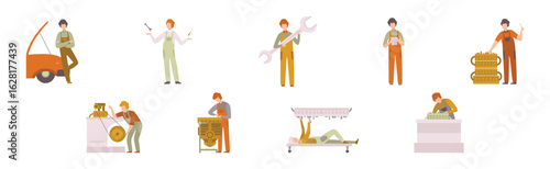 Car Service Man Worker Character Repair and Fix Engine Vector Set