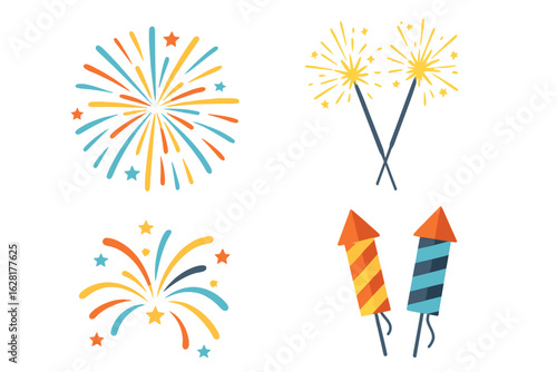 Fireworks sparklers rockets vector set colorful celebration party burst explosion holiday New Year festival illustration transparent background festive pyrotechnics