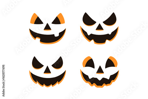 Halloween pumpkin jack-o'-lantern faces set collection. Spooky scary carved orange pumpkins expressions. October holiday decoration vector graphics isolated
