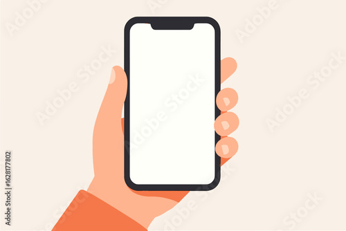 Hand holding smartphone flat design vector illustration with white empty screen front view, modern mobile phone device, gadget technology concept, digital communication, cartoon style