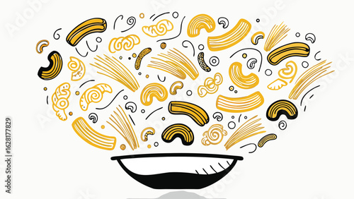 Assorted pasta types falling into a black bowl with white background in a hand drawn illustration