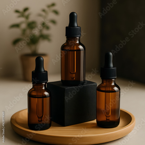 Amber Dropper Bottles on Wooden Tray – Natural Skincare and Essential Oils Concept