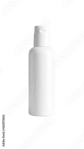 Glossy white bottle with flip top, for cosmetics and toiletries on transparent background