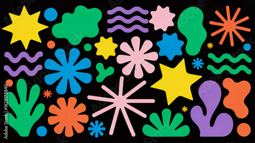 Colorful abstract organic shapes and starbursts on black background pattern blobs