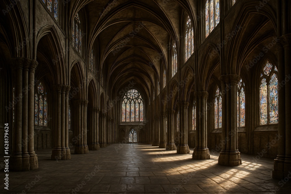 Fototapeta premium Grand gothic cathedral interior stained glass windows