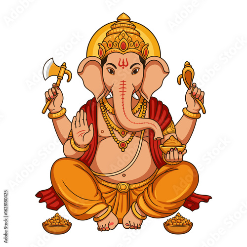 A vibrant illustration of the Hindu deity Ganesha, the remover of obstacles, depicted with four arms and a benevolent expression for worship.
