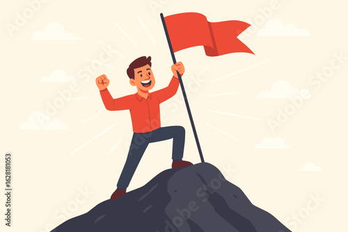 Success achievement victory concept. Man holding flag mountain summit celebrating goal reached. Business motivation leadership triumph conquer challenge adversity