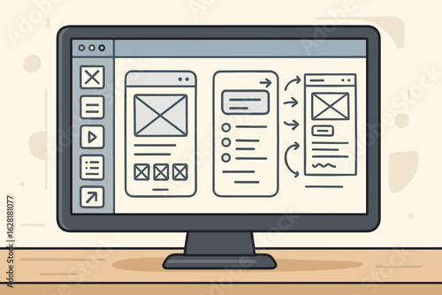 Web application prototyping computer screen UX UI design wireframe development interface software vector illustration mockup website design process technology