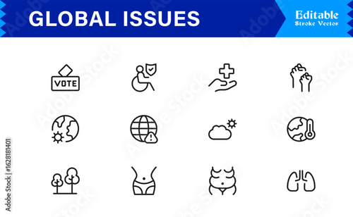 Global Issues Icon Set Featuring Environmental, Social, and Economic Symbols in Vector Style