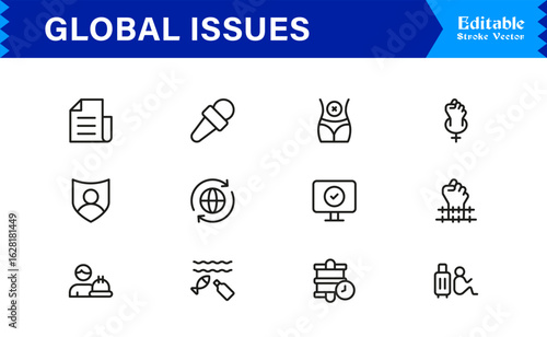 Global Issues Icon Set Featuring Environmental, Social, and Economic Symbols in Vector Style