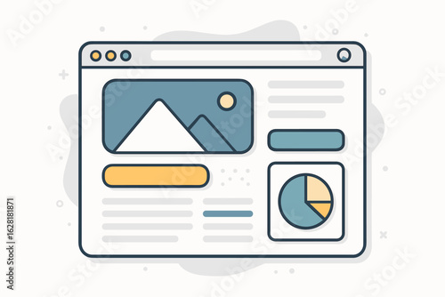 Modern web browser interface design template with dashboard elements, pie chart analytics, image placeholder. Website UI UX mockup vector illustration