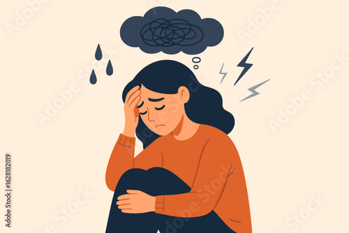 Depression anxiety mental health woman stressed overwhelmed sad burnout psychological problem emotional distress negative thoughts storm mind vector illustration