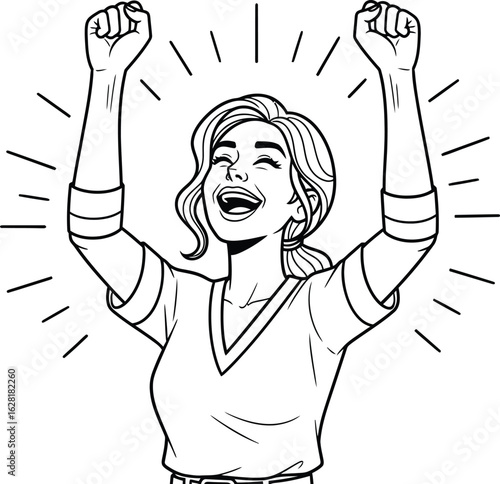 Woman celebrating success black and white outline illustration art editable