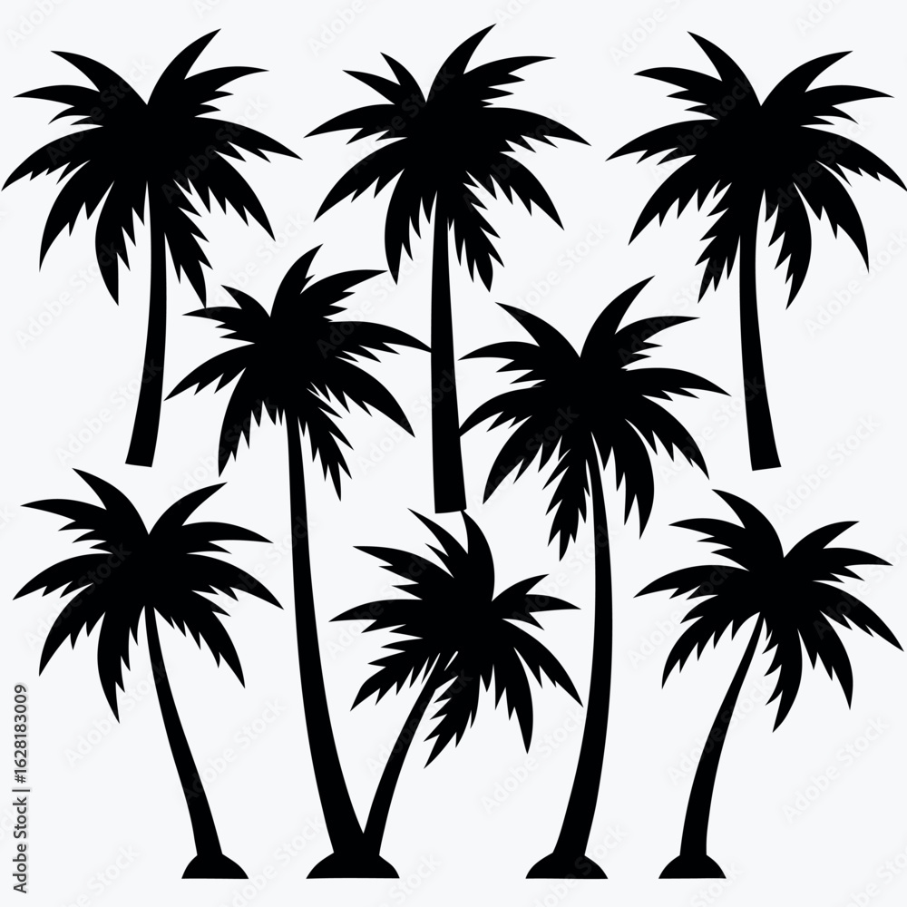 Fototapeta premium Pack of 10 palm tree silhouettes in varied angles isolated on white background