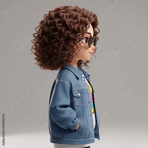 A stylish 3D rendered character with voluminous curly hair and sunglasses, wearing a blue denim jacket in profile view.