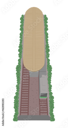 俯瞰で見た線路と駅のイラスト