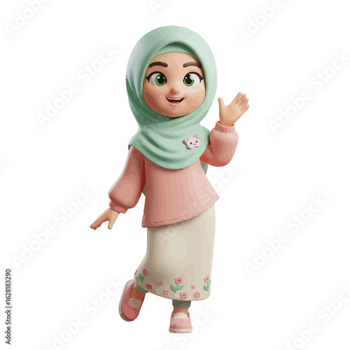 Smiling 3D cartoon girl wearing a light green hijab and pink top, cheerfully waving with a friendly gesture.