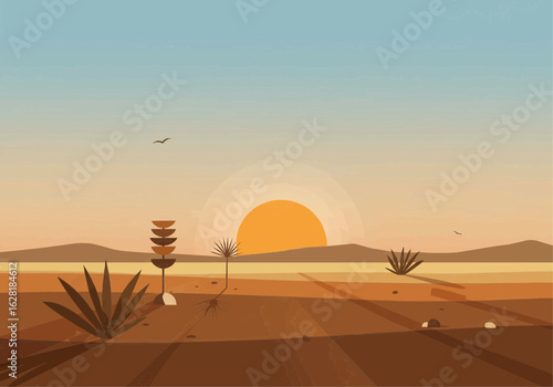 A stylized desert landscape featuring the sun setting behind distant mountains and sparse vegetation.
