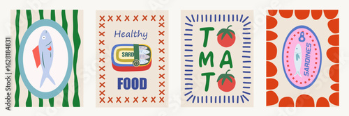 Food posters. Hand drawn kitchen frame banner. Creative wall art with tomato, fish, sardines can for cafe or restaurant menu. La dolce vita decor. Cartoon vector illustration creative set collection.