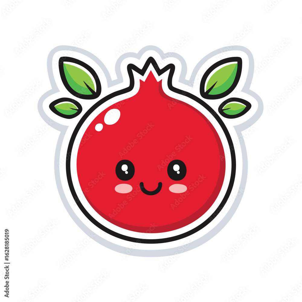Obraz premium Flat Vector Illustration of Pomegranate Fruit in Emoji Style with Thick Black Contour, Clean Solid Colors, Minimal Modern Design Perfect for Stickers, Icons, and Fresh Fruit Graphics