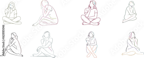 Pensive women sitting in various poses line art illustration
