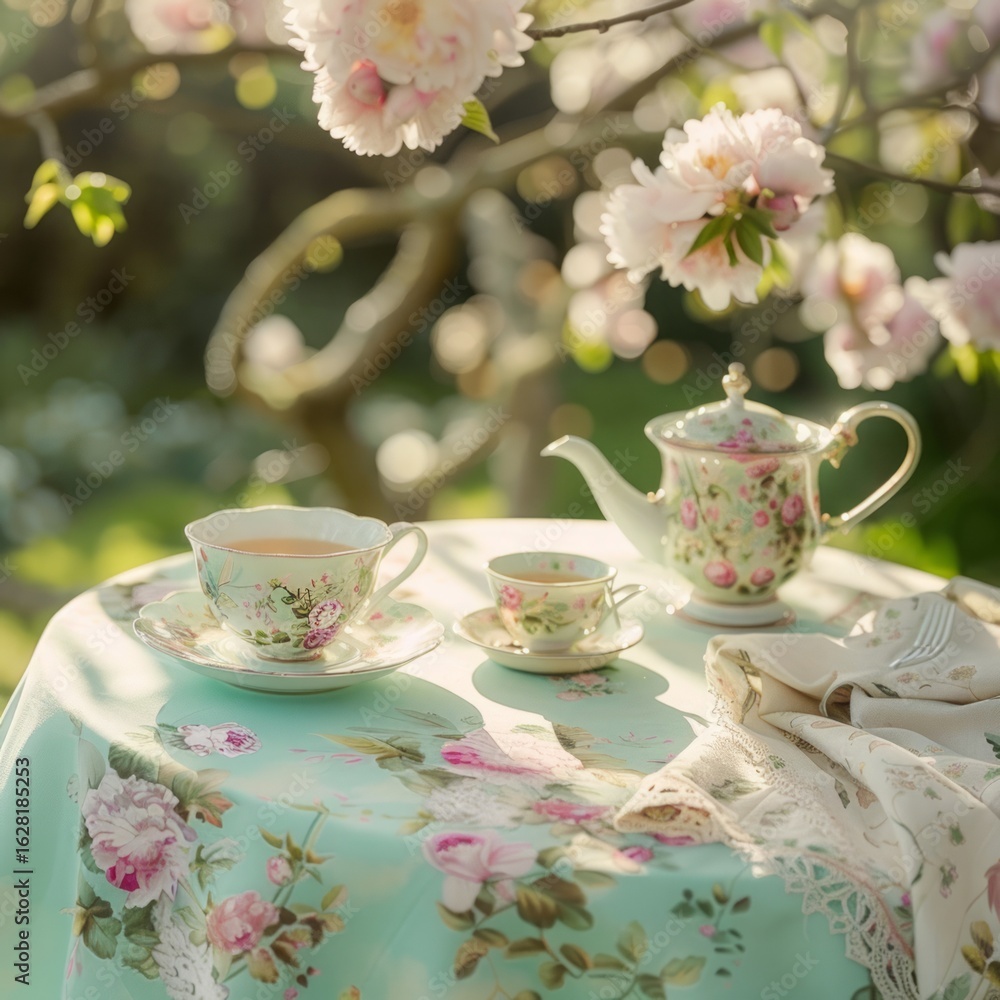 a delicate tea setting in a blooming garden, pastel porcelain teacups, floral tablecloth, sunshine filtering through petals, elegant and dreamy mood a delicate tea setting in a blooming garden, pastel porcelain teacups, floral tablecloth, sunshine filtering through petals, elegant and dreamy mood