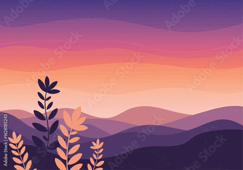 Stylized illustration of a layered landscape featuring plants and a vibrant sunset sky.