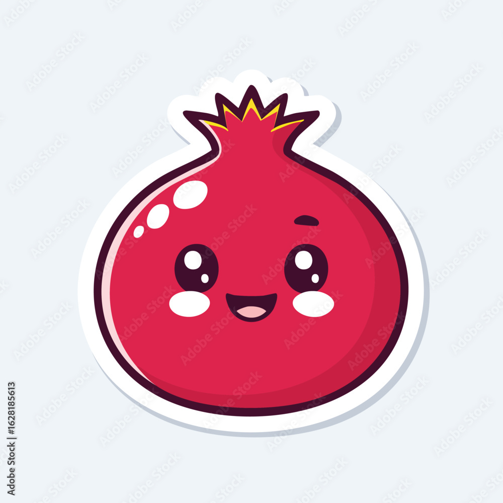 Fototapeta premium Flat Pomegranate Illustration with Cute Face, Bold White Stroke, Simple Solid Color, Sticker Ready Kawaii Tropical Fruit Vector for Fun Summer and Healthy Food Designs