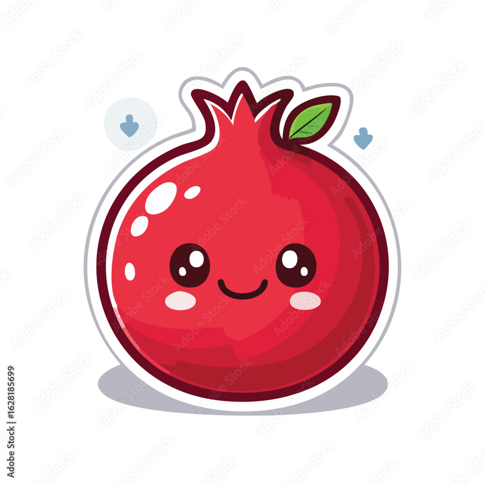 Obraz premium Flat Pomegranate Illustration with Cute Face, Bold White Stroke, Simple Solid Color, Sticker Ready Kawaii Tropical Fruit Vector for Fun Summer and Healthy Food Designs