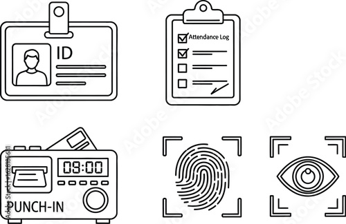 Vector art of line art illustration of id badge, clipboard, time clock, fingerprint and eye scan, depicting identity and security access control
