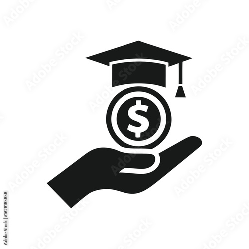 Graduation Cap and Dollar Coin on Open Hand Icon Symbolizing Education Funding money finance