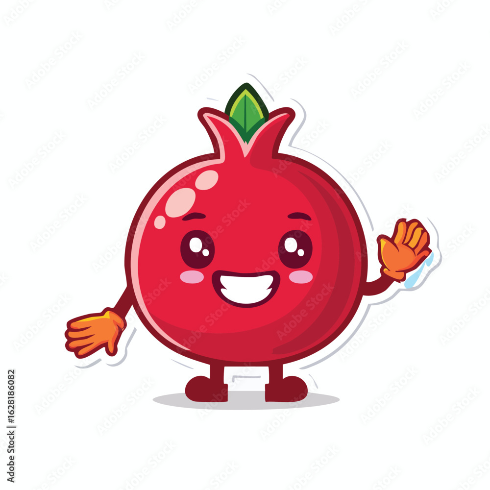 Obraz premium Cute Pomegranate Character Vector Waving Hand with Bold White Stroke, Solid Flat Colors, Sticker Ready Kawaii Tropical Fruit Illustration for Fun Summer and Healthy Food Designs