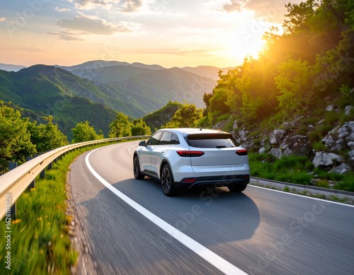 White electric car driving through green mountainous road