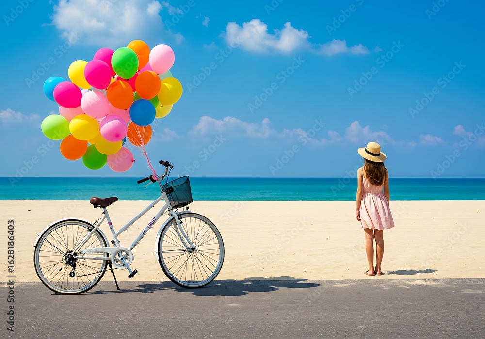 Fototapeta premium A young woman on a beach with a bicycle and colorful balloons. Generative Ai