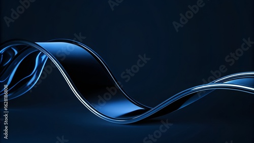 Twisted Chrome Ribbon – Reflective Metallic Strip Curling Over Deep Blue Gradient
